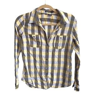 Sandra Ingrish Button Up Yellow Gray Plaid Flannel Cotton Shirt Medium
